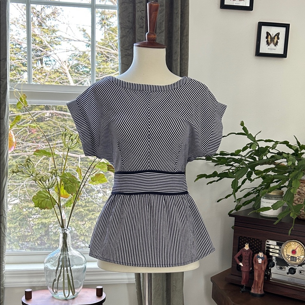 Monteau Navy and White Striped Peplum Blouse
